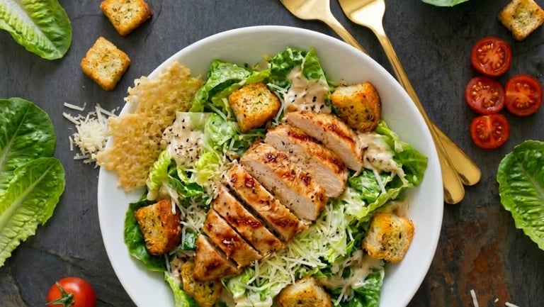 Fresh grilled chicken Caesar salad with romaine lettuce, croutons, and parmesan cheese in a white bowl.