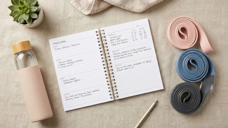 A flat lay of fitness tracking tools and resistance bands for a beginner strength training routine.