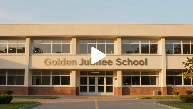 Cinematic wide shot of the Golden Jubilee School building facade during golden hour, a play button overlay in the center, bright editorial photography, 35mm