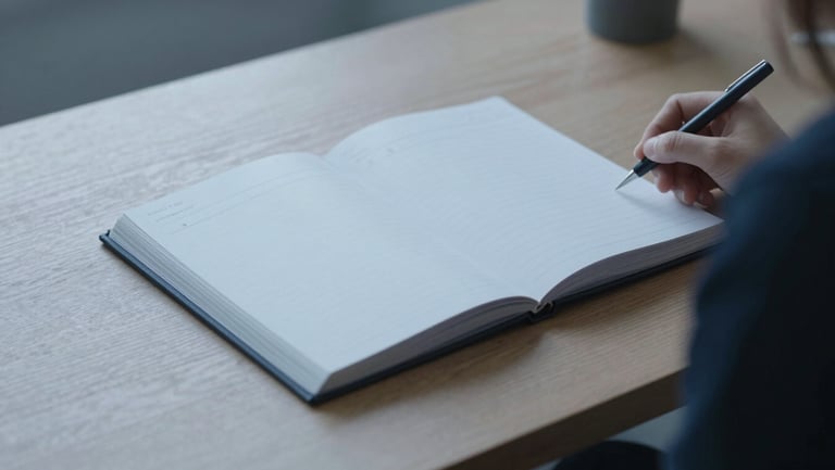 A focused professional writing in a structured planner on a clean wooden desk, soft cool morning daylight, minimalist aesthetic.
