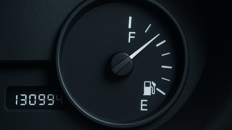 Extreme close-up overhead shot of a car dashboard odometer and fuel gauge mid-reading, illuminated by cool white studio light against a dark charcoal surface, technical instrument detail visible, no human faces