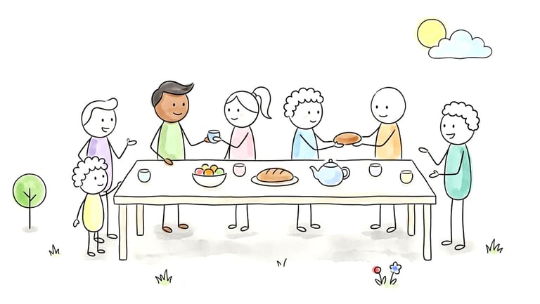 Illustration: Begegnung an einem Tisch, Essen und Trinken wird gereicht