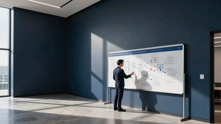 Wide angle of a high-end architectural office space, deep navy walls, sharp shadows from natural light, a single focused executive reviewing a physical strategy board.