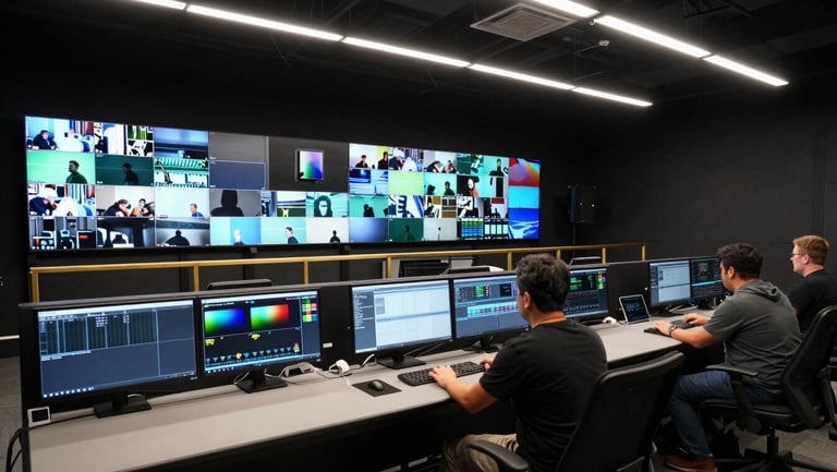 Cinematic wide shot of a full production control room — multiple monitor walls displaying live streams, an editor working at a dual-workstation setup in the foreground, tungsten overhead lighting, gold-toned equipment rails, deep-black walls and ceiling, Long Beach studio environment
