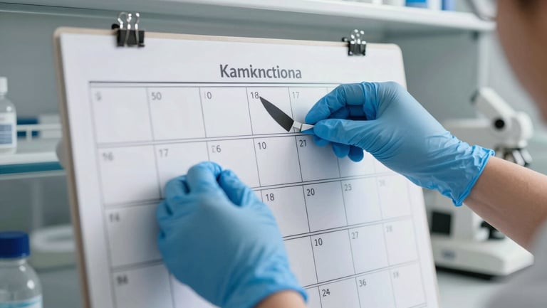 Close-up of hands in blue nitrile gloves organizing a visual Kanban board in a clean modern laboratory, high-precision focus, bright daylight