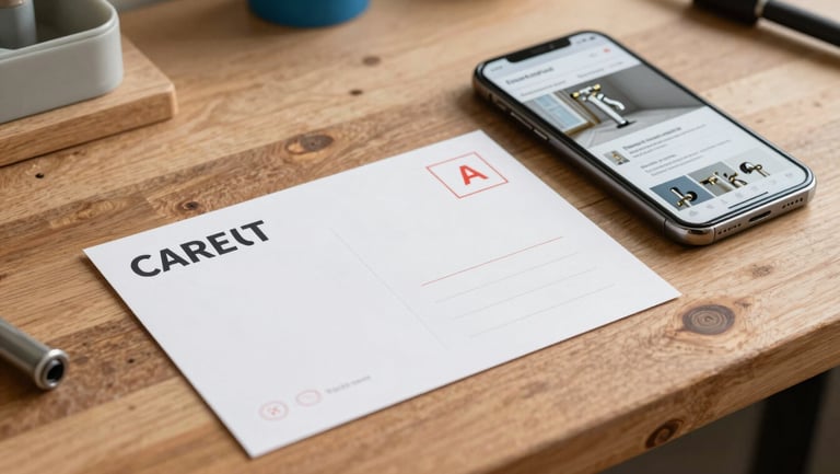 A printed direct mail postcard resting on a wooden workbench next to a smartphone showing a clean plumbing website. Natural overcast daylight.