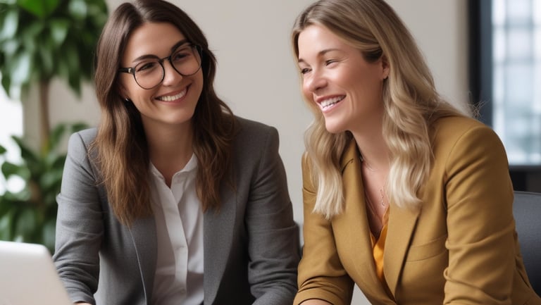 A professional consultant warmly discussing training options with an adult learner in a modern office setting.