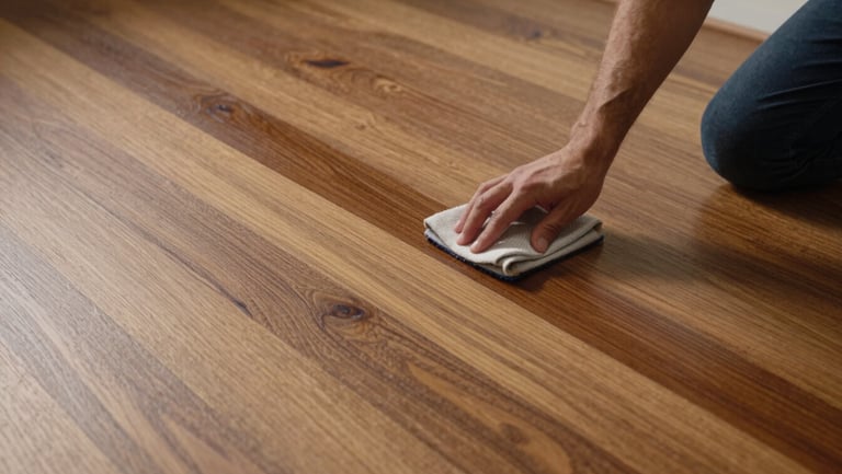 Wide overhead shot of a technician applying maintenance oil to a finished jatoba floor, north-facing daylight, cloth applicator moving in the direction of the grain, no furniture visible, the oil darkening the wood in a precise strip