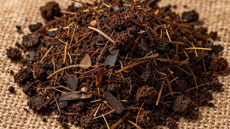 Overhead study of rich dark compost and organic mulch on a natural jute surface, golden diffused daylight from the upper left, visible soil texture with leaf fragments and fine root matter, macro detail, no packaging, no labels