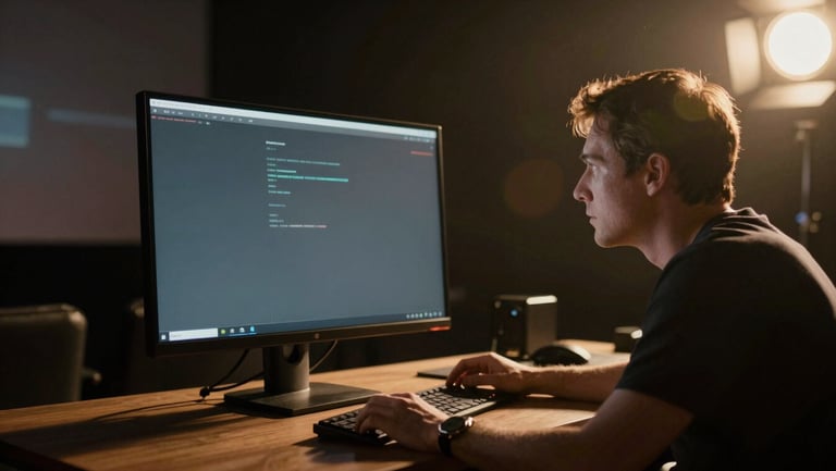 Anamorphic 2.39:1 wide cinema still, behind-the-scenes film set, director looking at a high-end monitor under moody studio lighting, warm yellow accents cutting through deep shadows.