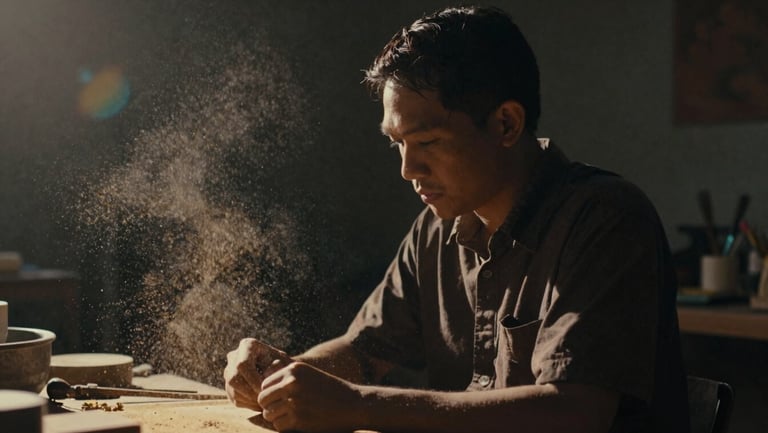 Cinematic film still, 2.39:1 aspect ratio, an Indonesian artisan in a dark studio, dramatic side lighting catching golden dust particles, rich desaturated tones, 35mm.