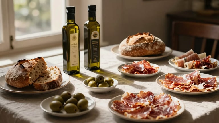 Overhead still-life of a beautifully set tasting table with estate olive oils, crusty artisan bread, and cured meats, warm directional late afternoon window light, shallow depth of field