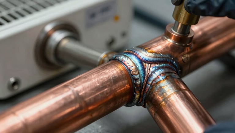 Crisp close-up of clean copper pipe brazing on a commercial split system, high-contrast lighting, technical precision, focus on the clean weld.
