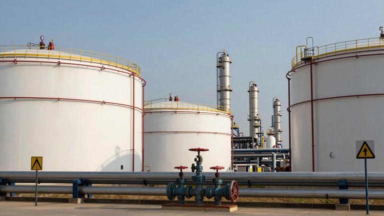 Extreme wide environmental shot of a petrochemical facility, large storage tanks and pipe racks stretching to the horizon under clear daylight, safety signage and valve manifolds in foreground detail, industrial scale emphasized