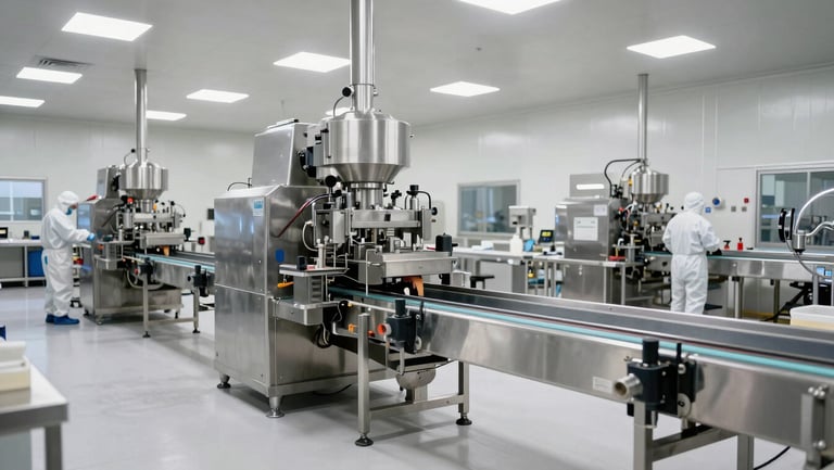 Wide shot of a food processing plant interior, stainless steel conveyor lines and processing equipment under bright studio-quality overhead lighting, hygienic white surfaces, workers in protective gear visible at workstations