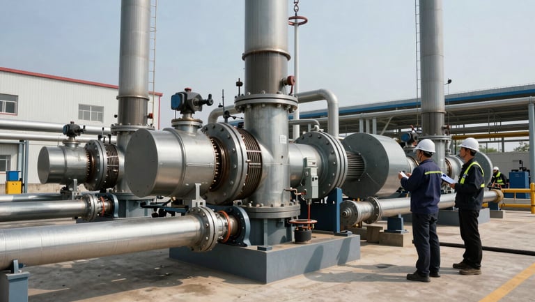 Panoramic wide shot of an energy facility with large hydraulic actuators and piping systems, engineers in hard hats inspecting high-pressure lines under clear daylight, concrete structure and industrial scale visible in background