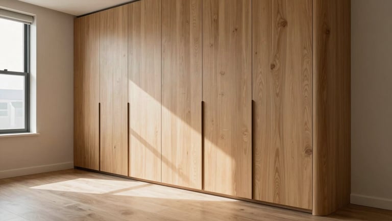 Wide environmental shot of a floor-to-ceiling custom wardrobe with curved MDF facades in a private bedroom, natural daylight from a side window raking across the surface to reveal material depth and edge precision, no people, room shown as a whole