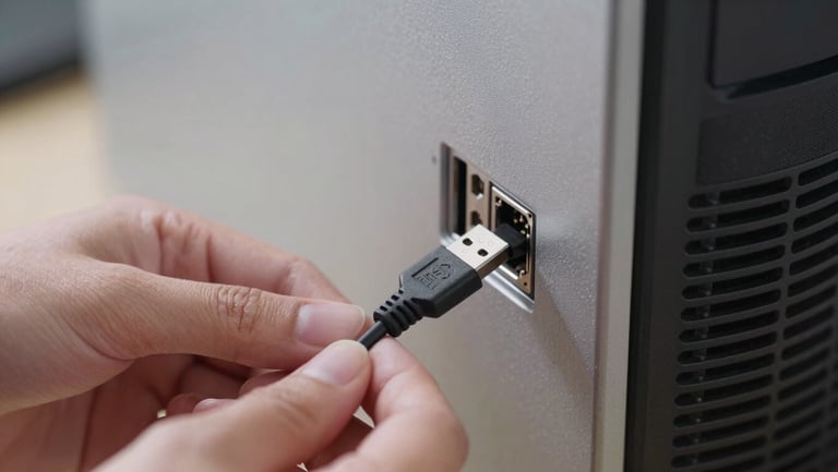 Close-up shot of hands connecting a USB peripheral cable into the rear I/O panel of a desktop tower, clinical bright ambient lighting, steel gray case visible, cable and port detail sharp and clear, no moody shadows