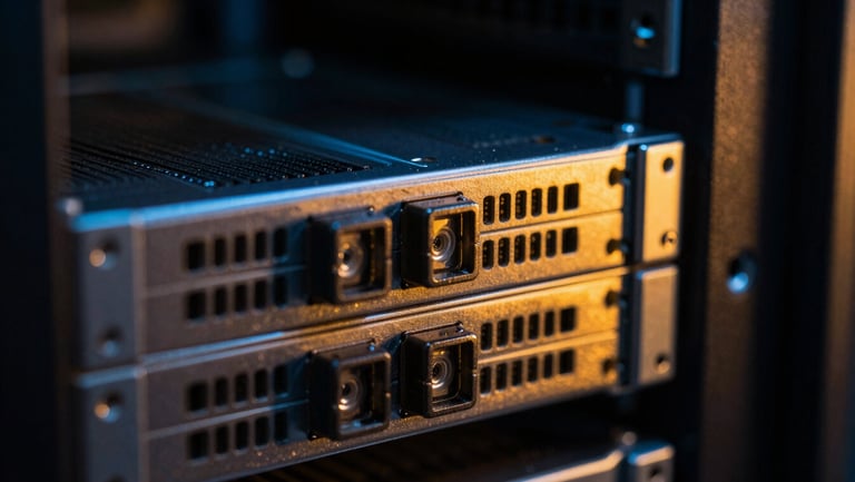 Macro close-up of server hardware in a cool-toned datacenter, sharp tactical amber light reflecting off clean metal edges, 35mm photography