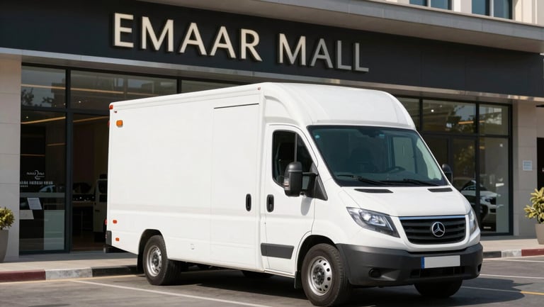 A clean, modern white moving truck parked outside the Emaar Mall storefront in Arabian Ranches 2 under bright daylight