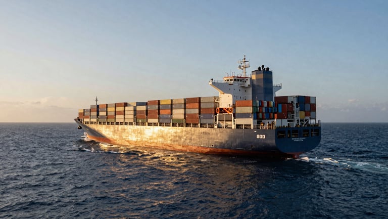 Massive container ship navigating open ocean, wide environmental shot showcasing scale, golden hour reflecting off water.