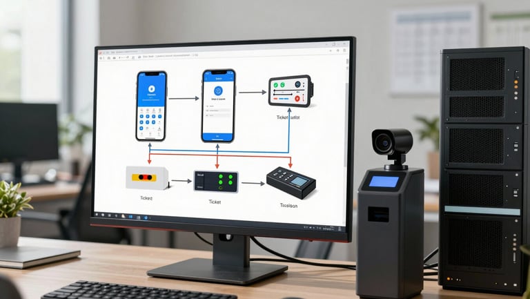Technical integration diagram displayed on a monitor in a clean office, showing the communication flow between mobile payment app, ticket validator, barrier arm, camera, and central server with labeled connection lines, direct daylight, high contrast, true color, no people