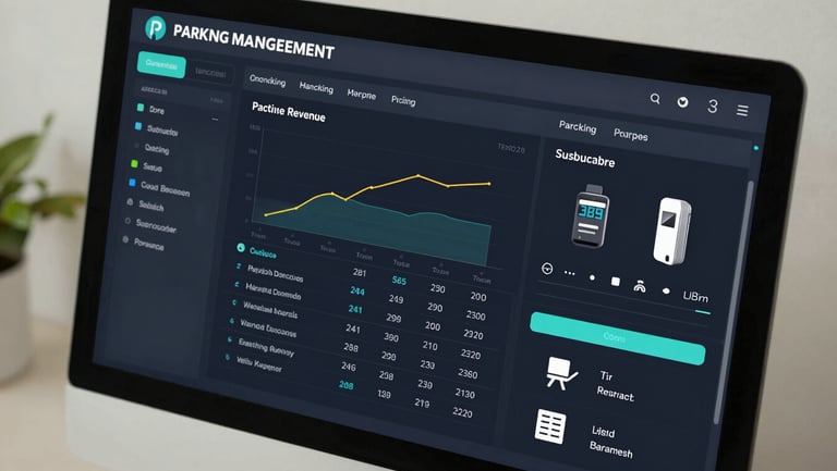 Close-up overhead shot of a parking management software dashboard on a large monitor, showing real revenue charts, active subscriber list, and hardware status indicators in a dark UI, direct studio daylight, high contrast, true color, no people