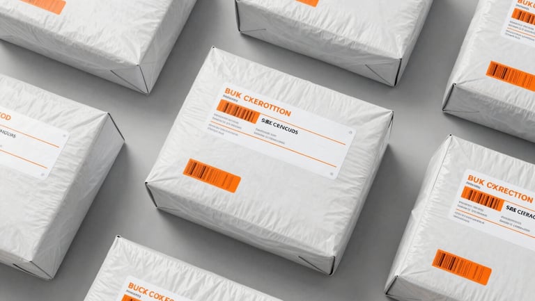 Overhead flat-lay of organized parcels with clear shipping labels and safety-orange tracking barcodes on a cool gray background