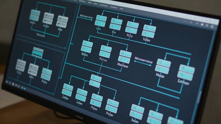 Close-up overhead view of a multi-panel system architecture diagram spread across a large monitor, cool studio lighting, microservice topology lines in cyan on dark background, database nodes labeled in monospace type, no people