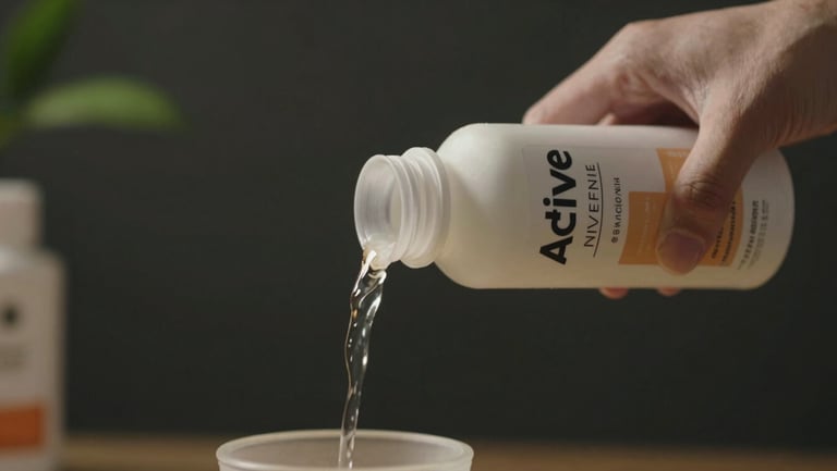 Active video still from a brand campaign — a hand pouring liquid into a product vessel, motion blur on the pour, sharp focus on the product label, dark studio-free natural setting with practical ambient light