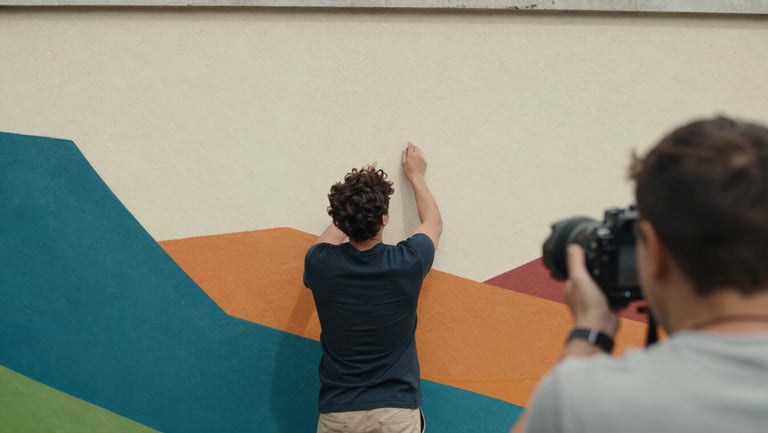 Video still from an environmental brand documentary — a person interacting with a finished mural or installation, seen from behind at mid-distance, natural daylight, brand colors visible in the artwork