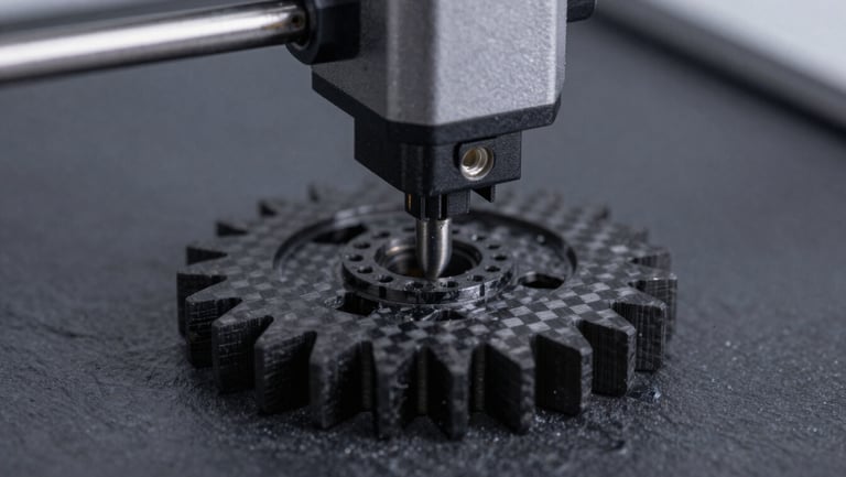 Macro shot of a 3D printer nozzle extruding high-performance black carbon-fiber filament, forming a precise mechanical gear with visible layer precision, cool technical lighting.