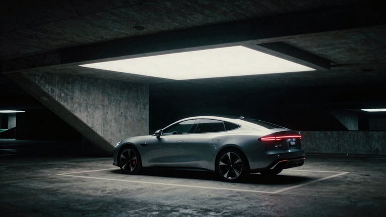 Ultra-wide 2.39:1 anamorphic film still, high-contrast commercial aesthetic, sleek modern car parked under dramatic concrete architecture at night, neon highlights, 35mm grain.