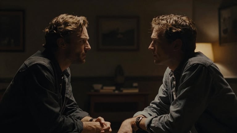 Ultra-wide 2.39:1 anamorphic film still, dramatic independent cinema style, two actors in a tense dialogue inside a dimly lit room, warm tungsten practical light, 35mm grain.