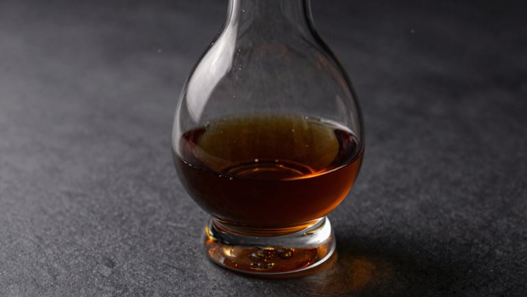 A crystal decanter filled with dark aged cognac on a graphite surface, soft side lighting