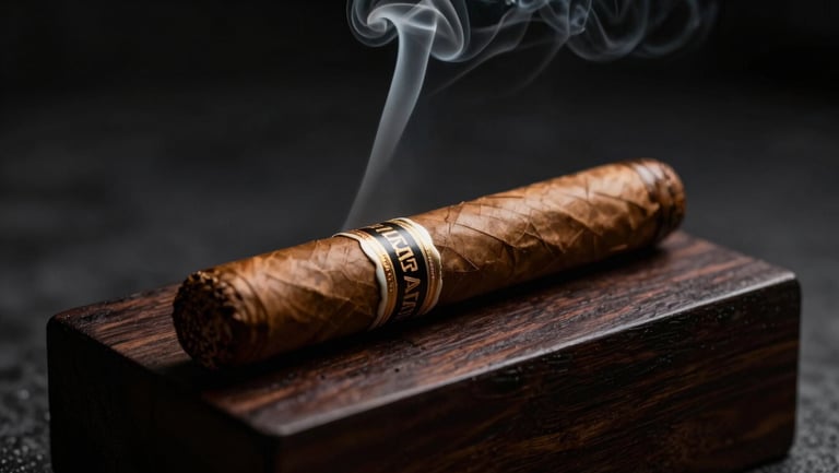 A single luxury cigar resting on a dark wood block, delicate plume of smoke rising, moody lighting