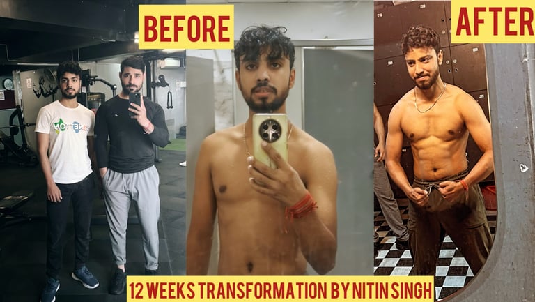 Male 12-week fitness transformation showing muscle gain and fat loss progress.