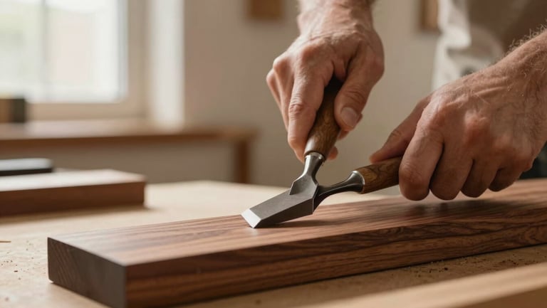 Close-up of a master carpenter's hands using a traditional chisel on rich walnut wood, soft warm workshop lighting, shallow depth of field, 35mm style