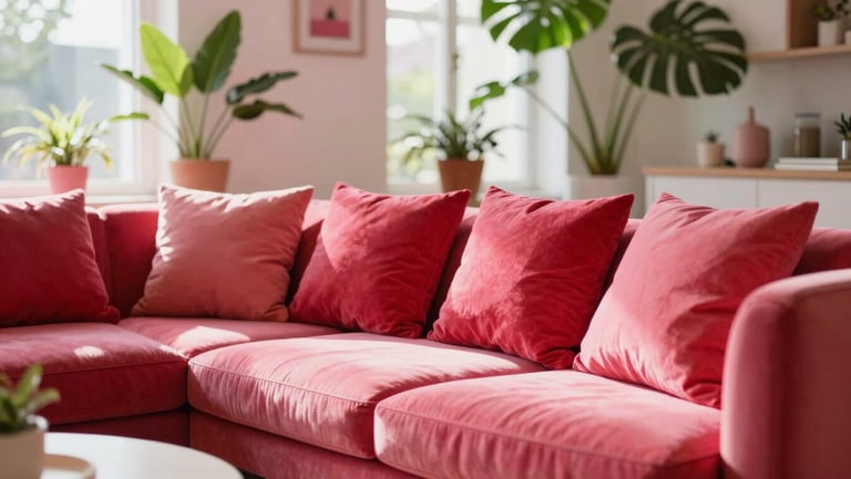 A sunlit modern living room with vibrant red cushions and green plants, warm and inviting atmosphere, bright daylight.