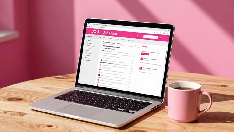 A sleek laptop open on a wooden table showing a modern job board, next to a pink coffee mug, bright daylight, high contrast.