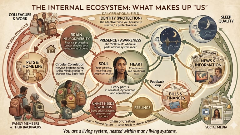 Diagram showing a human as a living system including nervous system, body, mind, emotions, needs, id