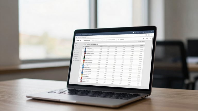 Wide shot of a real estate office desk, laptop screen displaying a CRM pipeline with leads and status columns, natural daylight through window behind the screen, shallow depth of field, no people visible