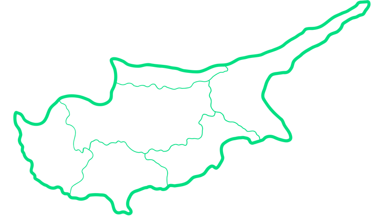 Neon green outline map of Cyprus showing district borders on a black background.
