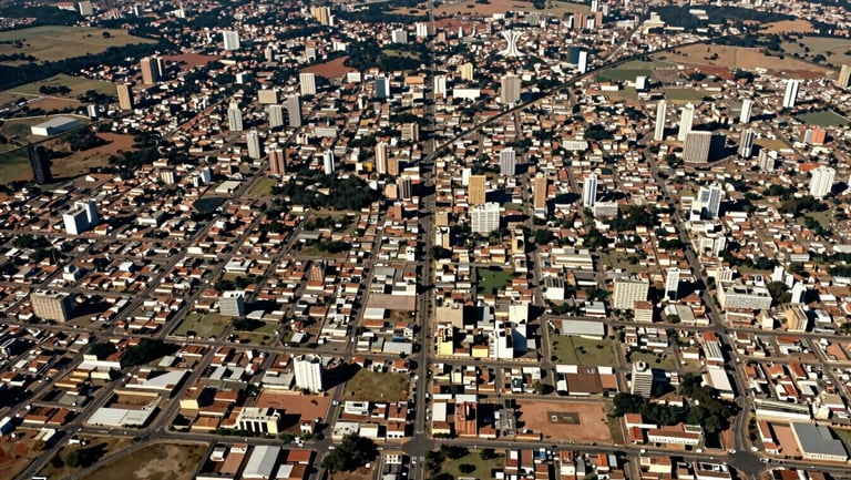Panoramic satellite-style aerial map view of the Brasília metropolitan region and Entorno do DF in central Brazil, showing road network and urban clusters around Valparaíso de Goiás, Luziânia, Novo Gama and Gama, natural daylight, slightly desaturated cartographic tone
