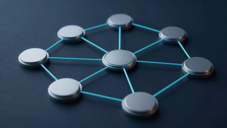 Abstract architectural system diagram showing microservices nodes connected by clean cyan lines, dark blueprint background.