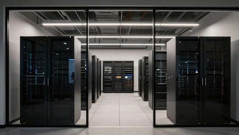 Minimalist Denver industrial-tech office space with clean geometric server racks visible through glass, low-key lighting.