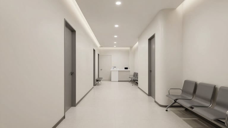 Wide environmental shot of a modern dental practice waiting area and corridor, clean off-white walls, minimal furniture in cool grey tones, recessed lighting casting even diffused light, no people present, architectural precision visible in the clean lines and clinical finishes, calm and uncluttered