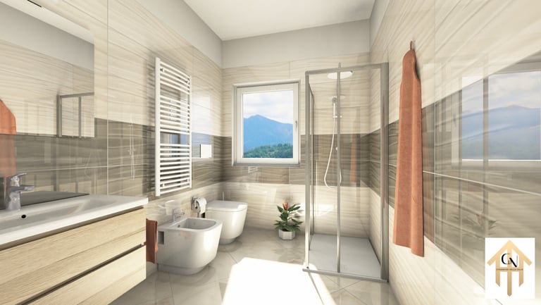 Modern bathroom with walk-in glass shower, white bidet, and wood vanity featuring glossy beige wall tiles.