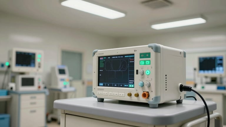 Wide documentary shot of a hospital post-operative recovery suite monitoring station, compact electronic assembly visible on a sterile work surface, overhead fluorescent lighting, clinical green indicator lights, no people, north-facing even lighting