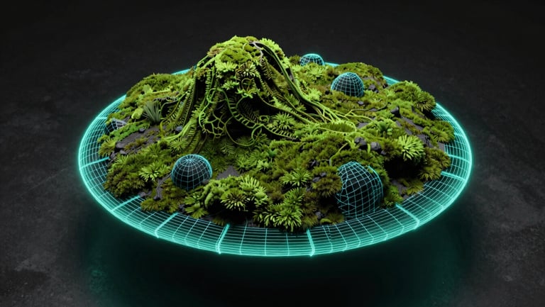 Detailed 3D wireframe of an organic moss-covered structure rotating in a dark digital space, electric turquoise rim lighting
